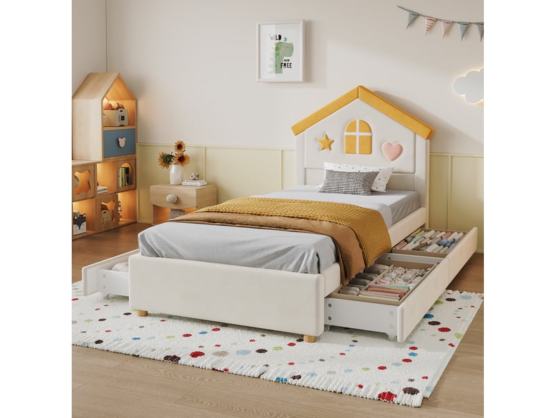  Lit enfant 90x200 cm avec 4 tiroirs en velours beige  - Conforama C