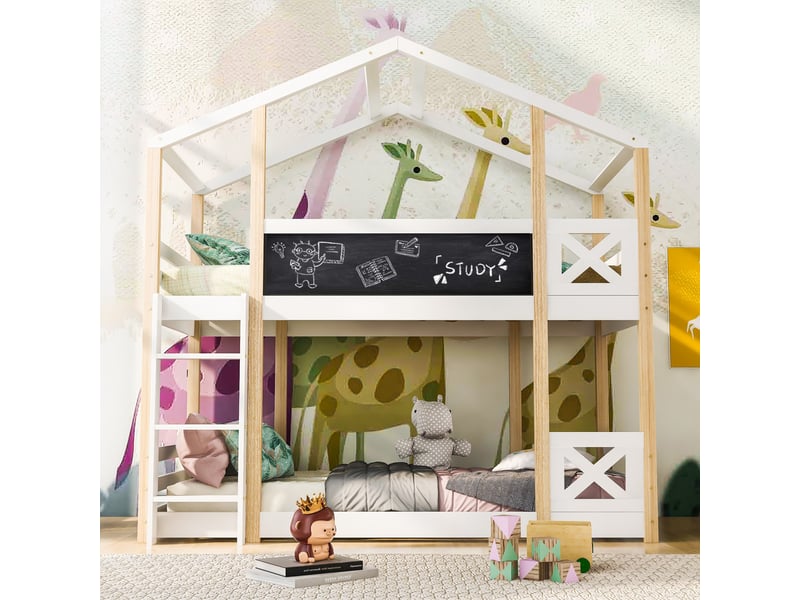  Lit superposé cabane enfant 90 x 200 cm avec échelle, barrières, tableau et 2 sommiers à lattes, blanc et bois naturel AB20388990W - Conforama D