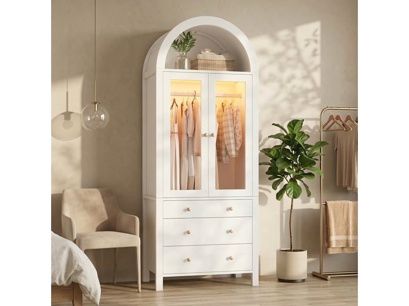  Armoire blanche avec éclairage led 2 portes vitrées design arqué moderne  - Conforama D