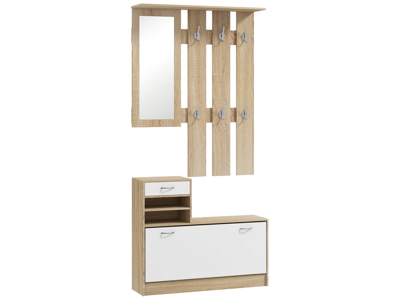  Porte-manteau 3 en 1 avec étagère à chaussures et miroir, crochets et tiroirs, en bois, 90 x 10 x 91 cm, blanc et chêne  - Conforama B