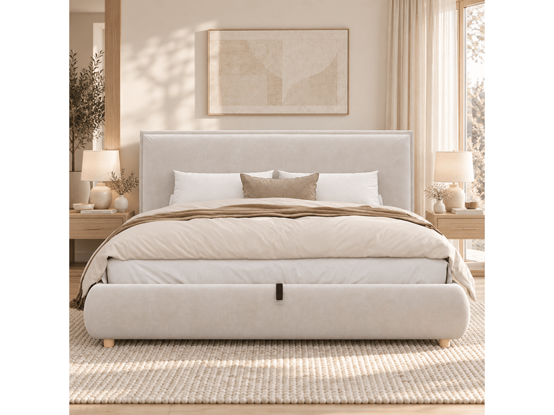  Lit coffre rembourré 160x200 cm avec rangement hydraulique, tête de lit capitonnée, sommier à lattes, pieds bois massif, velours crème Morn Vibe - Conforama C