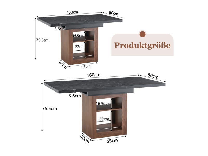  Table extensible avec 2 niveaux de rangement, plateau noir et piètement noyer pour salle à manger, 160 × 80 × 75,5 cm  - Conforama E