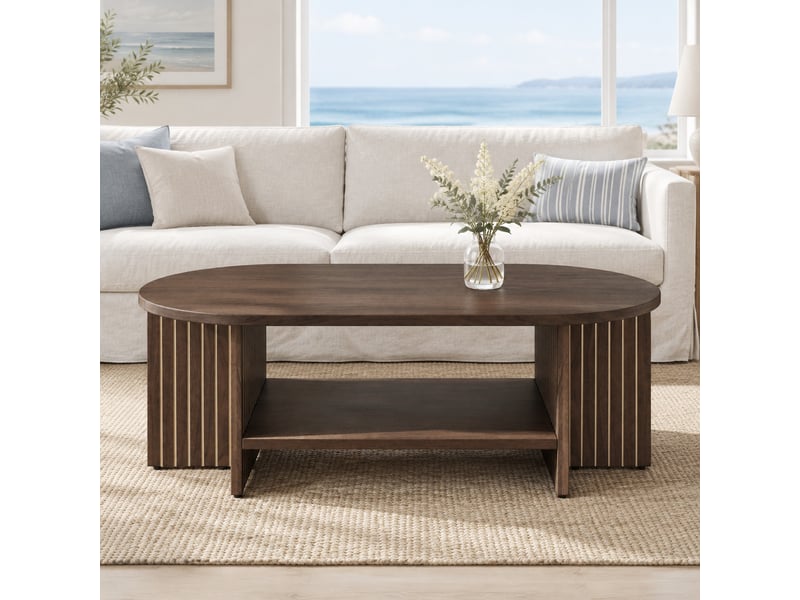  Table basse ovale 100x49x35 cm en mdf coloris noyer avec tablette  - Conforama B