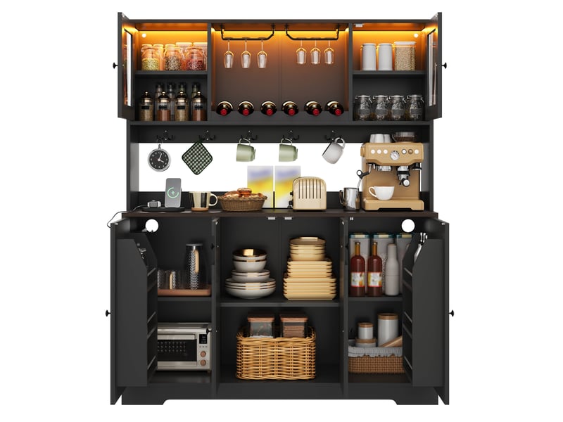  Buffet de cuisine - 140x40x173 cm - avec éclairage led, station de charge, portes façon grange et range-bouteilles - noir  - Conforama A