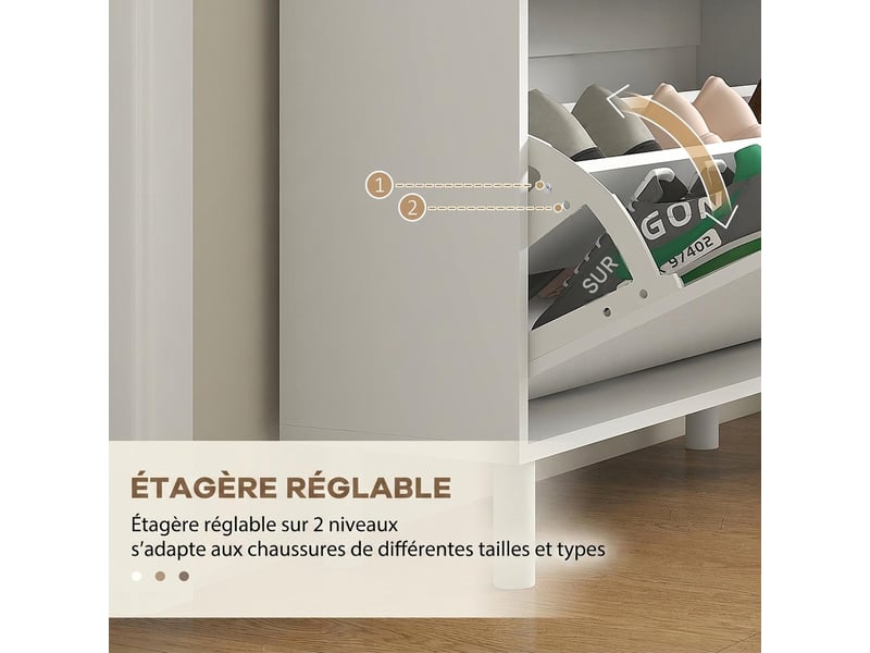  Meuble à chaussures 3 tiroirs rabattables blanc et coloris chêne 80x23,5x121 cm  - Conforama E