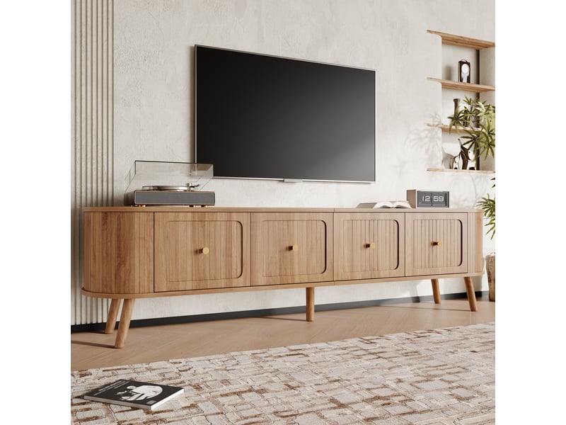 Meuble tv chêne 180 cm, meuble tv bas 4 portes, meuble tv vintage avec poignées dorées et pieds en bois massif - Conforama R