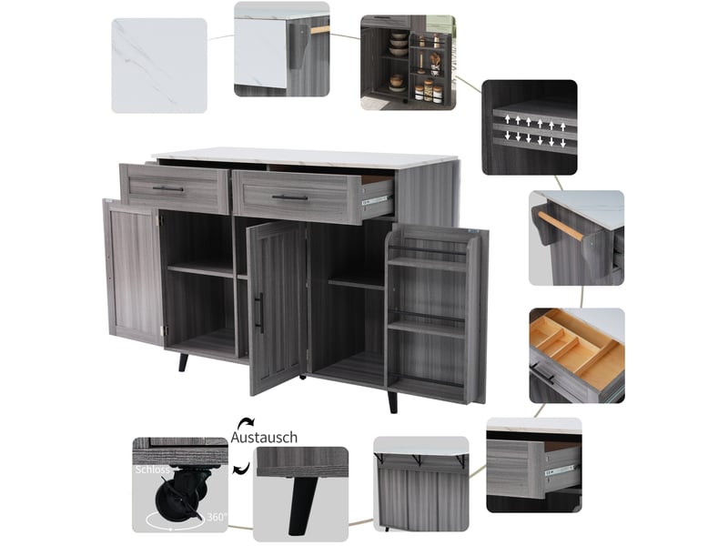  Desserte de cuisine gris kaki et blanc 129 × 4671 × 91,5 cm en mdf, plateau effet marbre, rabattable et sur roulettes  - Conforama E