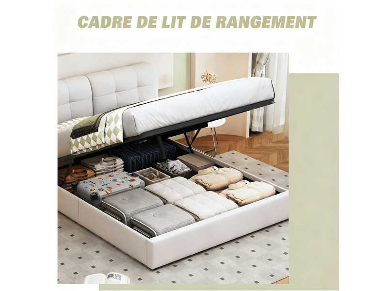  Lit adulte 2 places 140x200 cm velours beige - tête de lit capitonnée led, coffre hydraulique, sommier à lattes inclus, design moderne  - Conforama E