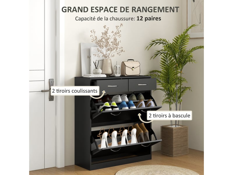  Meuble à chaussures 2 tiroirs et 2 portes abattantes avec étagère réglable, poignées alu. 80 x 30 x 91,5 cm, noir  - Conforama E