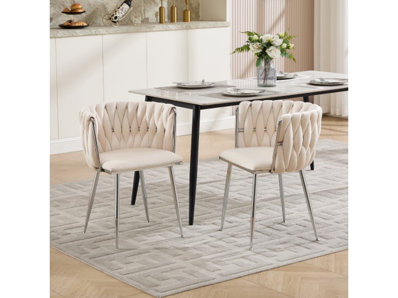  Chaise velours ivoire – ensemble de 2 chaises: salle à manger moderne, cuisine, coiffeuse et pieds argentés  - Conforama D