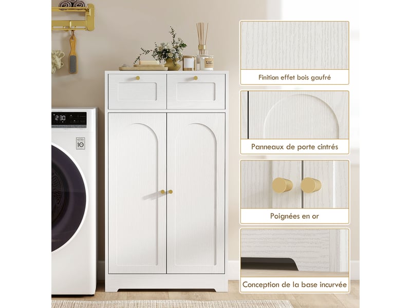  Meuble de salle de bain meuble de rangement avec 2 tiroirs double porte arquée étagères réglables blanc 60x30x108cm  - Conforama R
