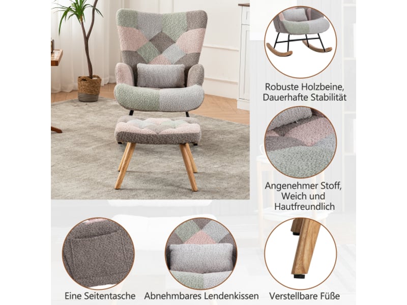  Fauteuil à bascule coloré 93cm haut avec repose-pieds (49x38x37cm) et 1 coussin lombaire,cadre robuste en bois d'hévéa,chaise longue  - Conforama E