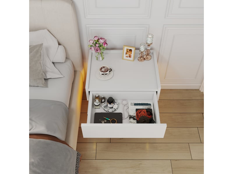  Table de chevet 2 tiroirs led et charge sans fil pour chambre 50×40×50 cm blanc et bois naturel  - Conforama C