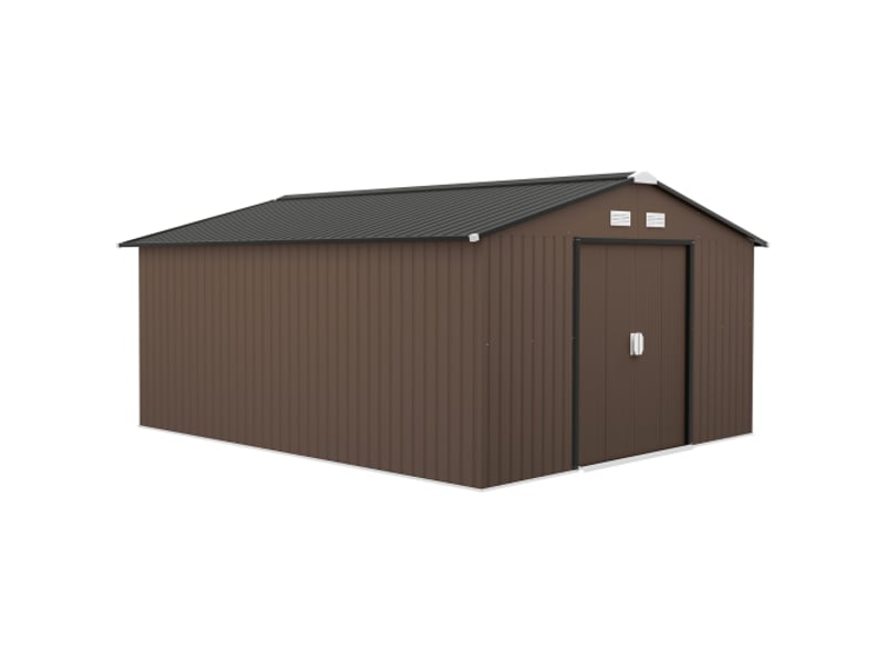  Abri de jardin outsunny 12,4 m², acier galvanisé, toit monopente, porte coulissante, 340x386x200 cm, brun  - Conforama A