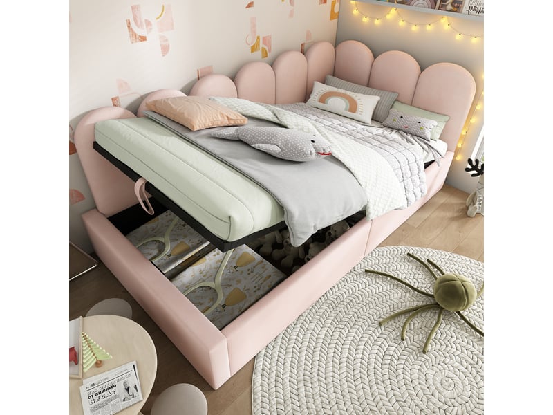 Lit coffre 90x190cm, lit 1 place, lit banquette, lit de repos avec sommier en métal, velours rose, sans matelas - Conforama C