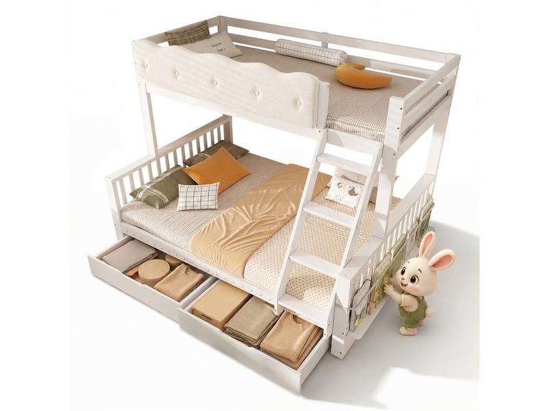 Lit superposé enfant 90x200140x200 cm blanc avec 2 tiroirs, porte-revues et garde-corps Fay Lum - Conforama A