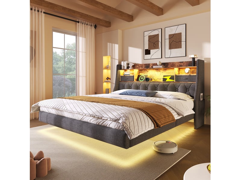  Lit double 180 x 200 cm gris en lin avec led, rangement tête de lit et station de charge  - Conforama C