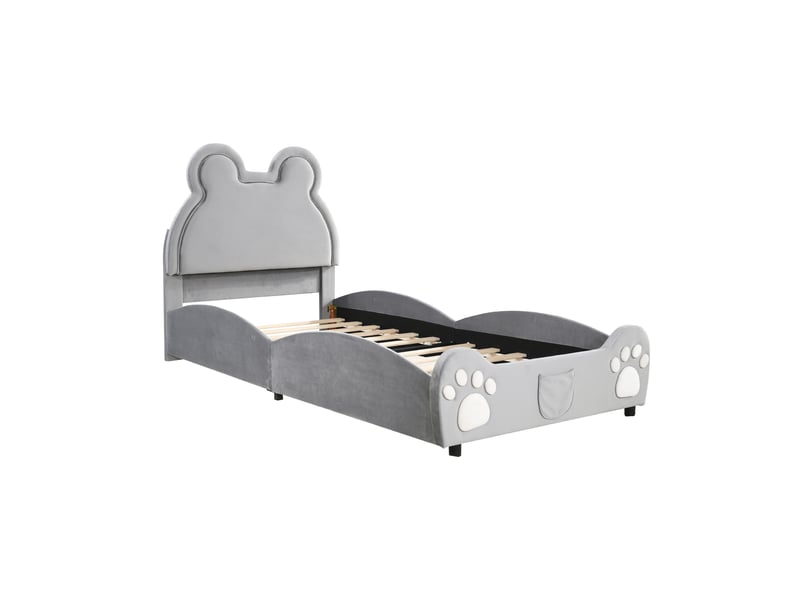  Lit enfant 90x200 cm en velours gris, tête de lit forme ours et sommier à lattes  - Conforama E