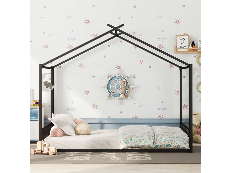  Lit enfant 140x200 cm en forme de maison, structure stable en métal noir, design simple sans matelas  - Conforama D