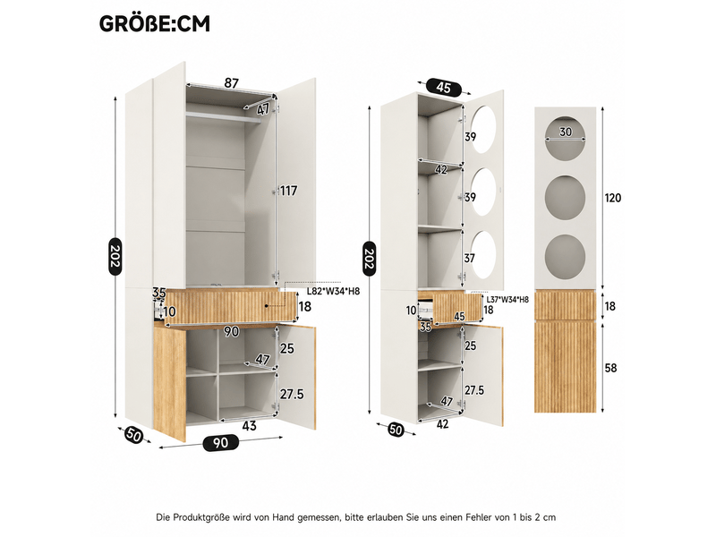  Armoire 6 portes modenvie avec penderie, 2 tiroirs et rangements, 135 x 50 x 200 cm, décor chêne clair et gris  - Conforama C