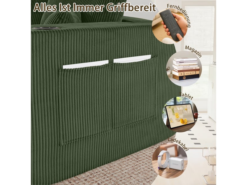  Canapé d'angle modulaire - 3 places - forme de l - ottomanes mobiles - tissu côtelé doux - porte-gobelets intégrés Vert - Conforama E