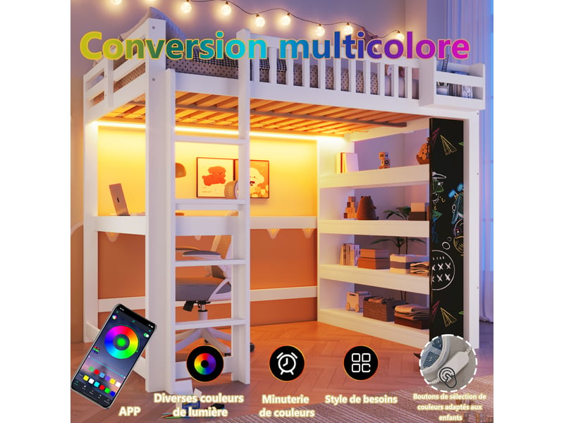 Lit mezzanine, 140 × 200 cm, blanc, bois de pin, rangement intégré, sans matelas, étagères de rangement, bureau intégré - Conforama D