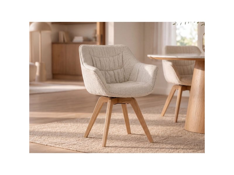  Lot de 2 chaises design comfy pivotantes en tissu tweed bouclette beige et pieds en chêne clair  - Conforama B