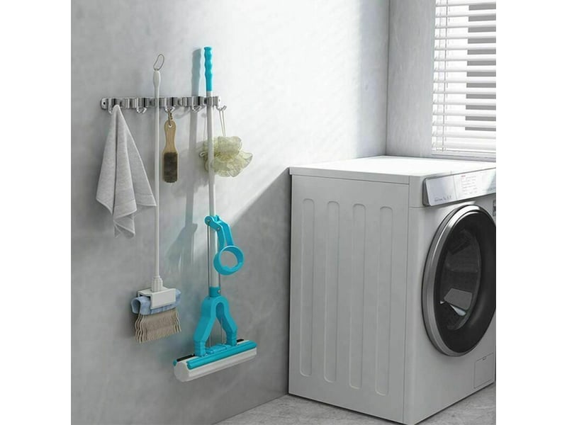 Porte balai mural en acier inoxydable, accroche balai avec 4 emplacements et 5 crochets pour cuisine, salle de bain, garage et jardin, gris LM2X02802512 - Conforama B