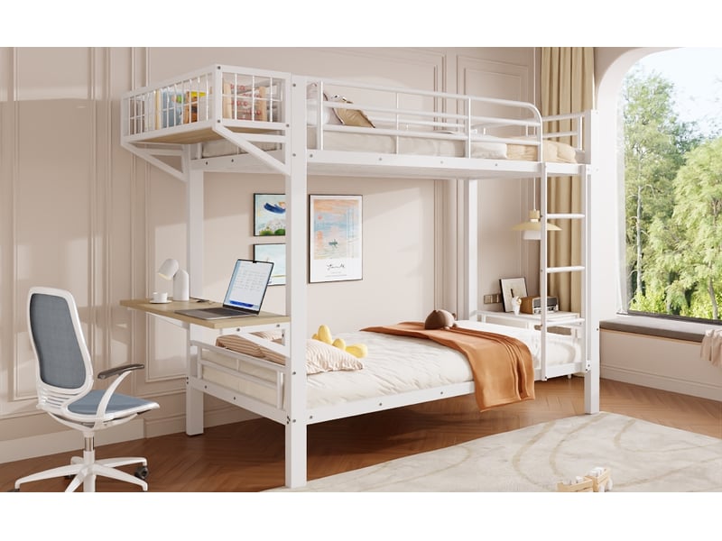 Lit superposé 90 × 200 cm, bureau intégré de 70 cm et étagère réversibles gauche ou droite, métal et mdf, blanc - Conforama B