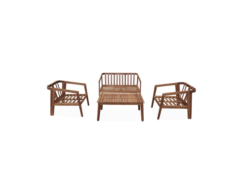 Salon de jardin kaki foncé 4 places loberia. Bois d'acacia dossier avec lanières effet cuir  - Conforama E