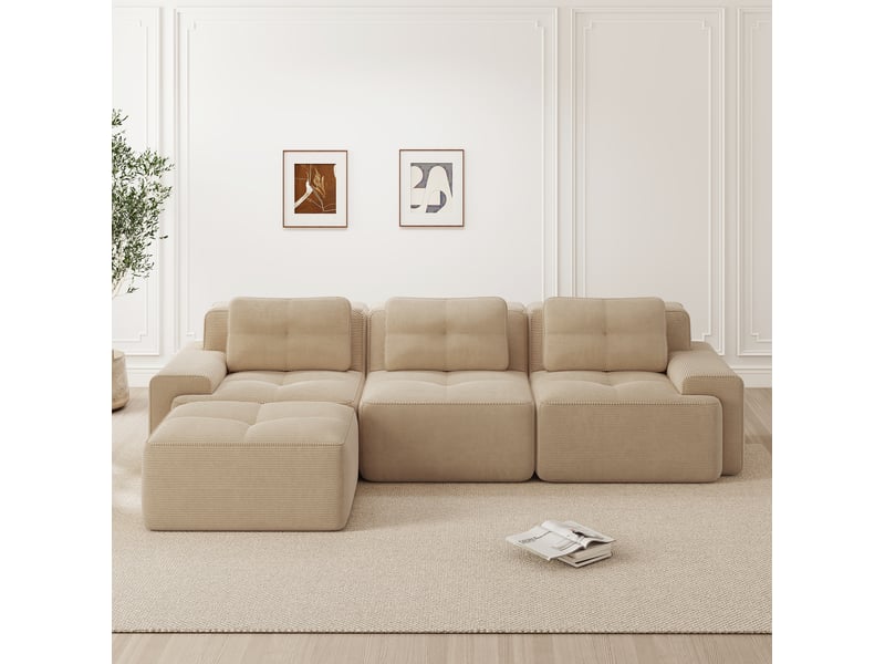  Canapé d'angle modulable 3 places avec ottoman en velours côtelé beige  - Conforama B
