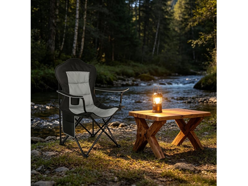  Fauteuil pliant de camping 84x62x110 cm – noir et gris foncé – porte-gobelet et poche latérale de rangement  - Conforama B