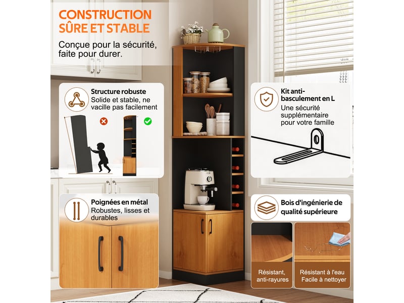  Meuble de cuisine muvano, meuble à vin d'angle en mdf noir avec porte-verres, 40 × 40 × 182 cm  - Conforama R