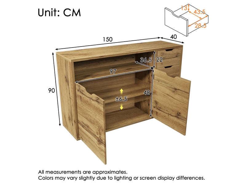  Buffet aspect chêne 150 cm, commode avec 4 tiroirs et 2 portes (sans matelas).  - Conforama E
