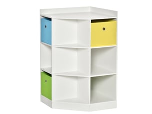 Étagère d’angle enfant blanche, 3 bacs de rangement, meuble jouets, 57,4x57,4x94 cm, 3-12 ans