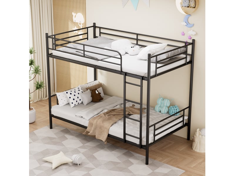  Lit superposé 90 × 190 cm 2 places avec échelle et barrières de sécurité, sans matelas, en acier noir  - Conforama C