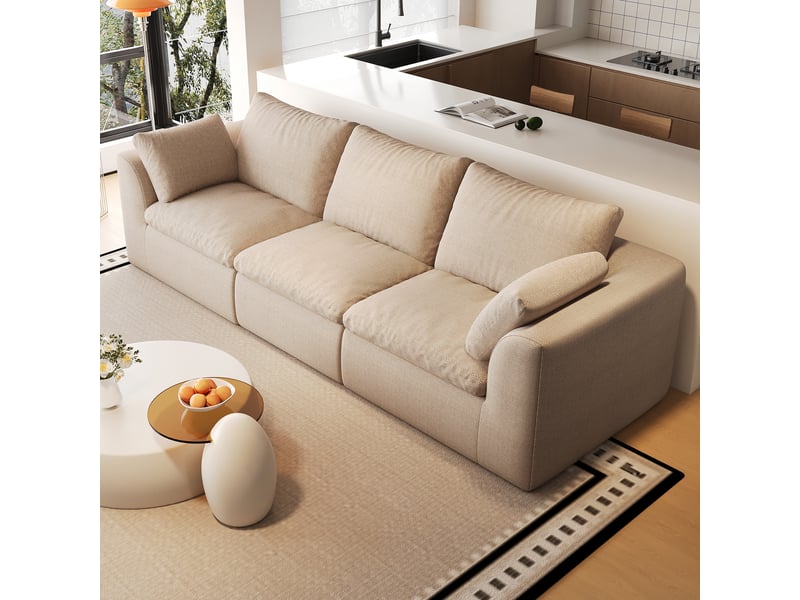 Canapé droit 3 places en tissu lin kaki, 245 cm, mousse compressée IKSETERA TRADING LTD - Conforama E