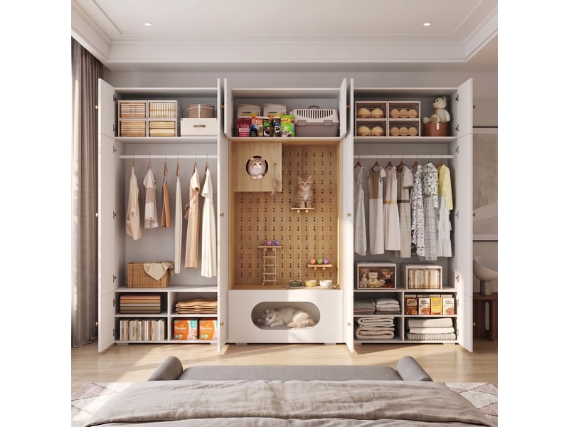 Dressing complet 270x50x200 cm avec arbre à intégré, armoire de chambre multifonctionnelle et vestiaire d'entrée, avec 11 compartiments, blanc - Conforama C
