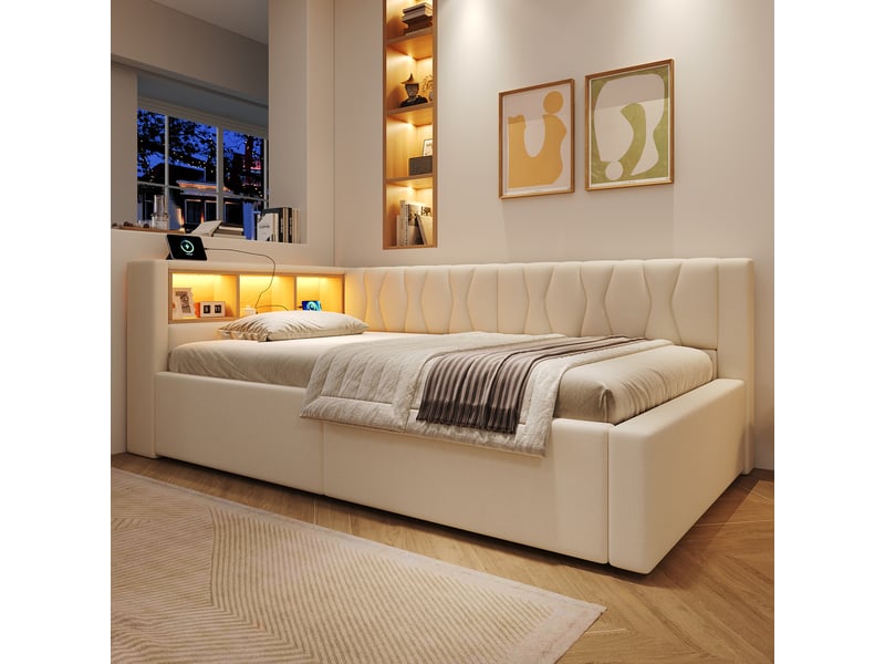  Lit superposé 90x200 cm, lit enfant, couchage d'appoint, rangement hydraulique, étagères, led, port usb, lin beige  - Conforama W