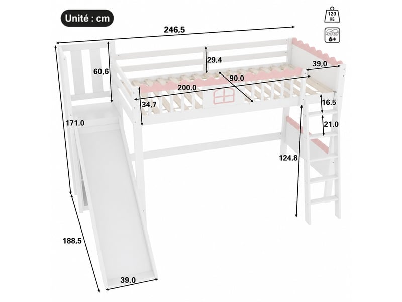  Lit mezzanine enfant avec toboggan, 90x200 cm, pin et mdf blanc, trois étagères et éclairage led  - Conforama C