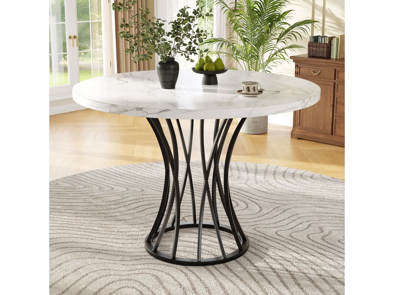  Table à manger ronde pieds métal noir et plateau mdf blanc marbré, design contemporain pour salon et cuisine, 80 x 80 x 76 cm – noir  - Conforama B