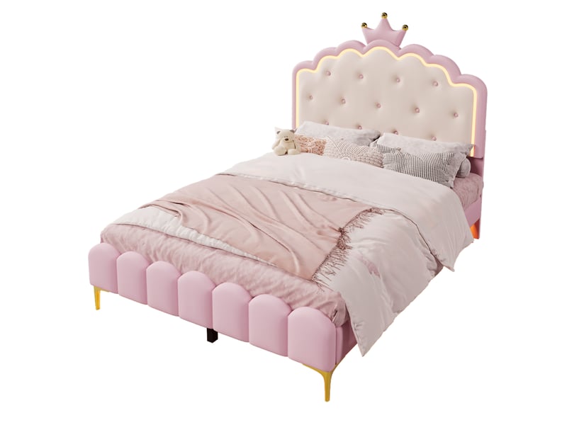  Lit enfant 140x200cm,lit double pour filles en pu avec lumière led et pieds dorés,en forme de couronne,rose lit enfant rose - Conforama A