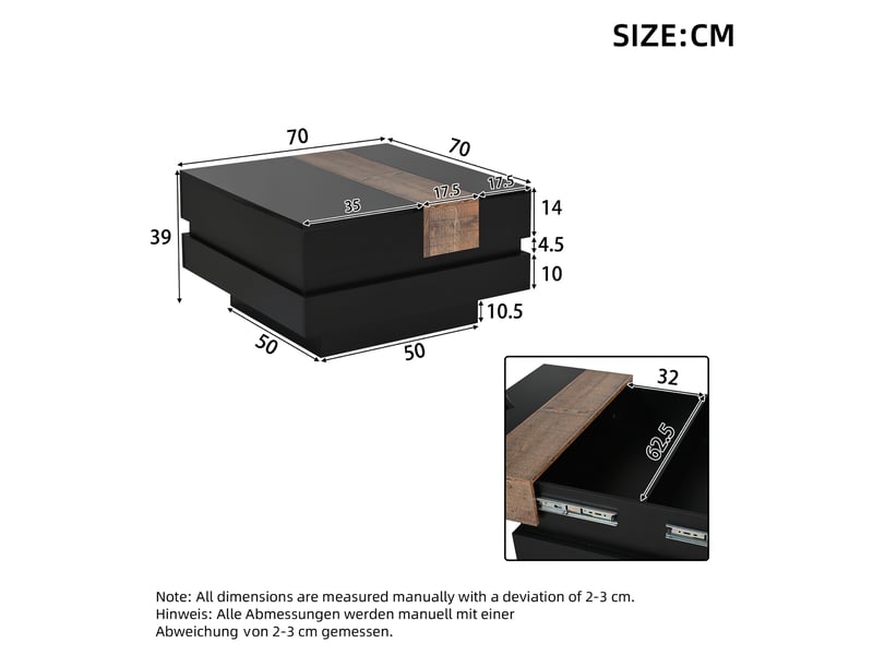  Table basse carrée avec plateau relevable et espace de rangement caché, finition brillante, pour salon, 70 × 70 × 39 cm  - Conforama D