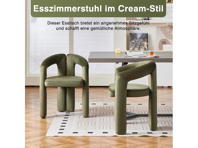  Lot de 2 chaises de salle à manger vertes en velours avec accoudoirs, design moderne minimaliste  - Conforama C