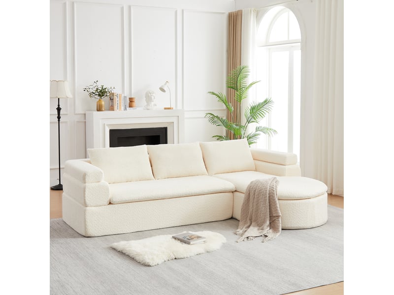  Canapé d'angle 3 places avec méridienne arrondie et coussins de dossier, en chenille beige crème, 260 × 170 × 65 cm  - Conforama D