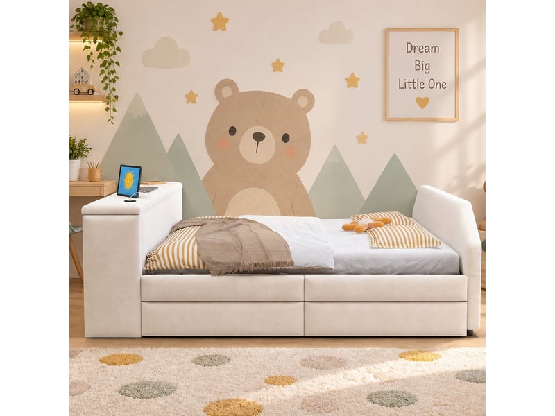 Lit pour enfant rembourré 140x200 cm – avec port de charge usb – avec lit gigogne – velours – beige (matelas non inclus) - Conforama R