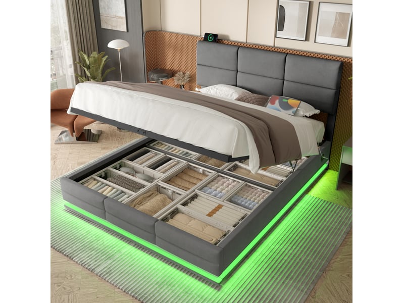  Lit coffre 180 x 200 cm en velours gris foncé avec led, usbtype-c et tête de lit réglable  - Conforama B