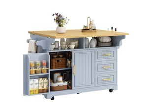Desserte de cuisine à roulettes, 3 tiroirs, plateaux rabattables et étagères réglables, bleu-gris, 120 × 40(80) × 95 cm