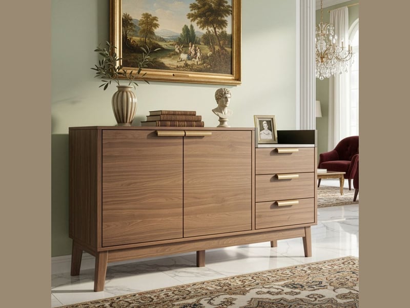  Buffet de cuisine design avec 2 portes et 3 tiroirs, 120 × 40 × 77 cm, effet chêne foncé  - Conforama B