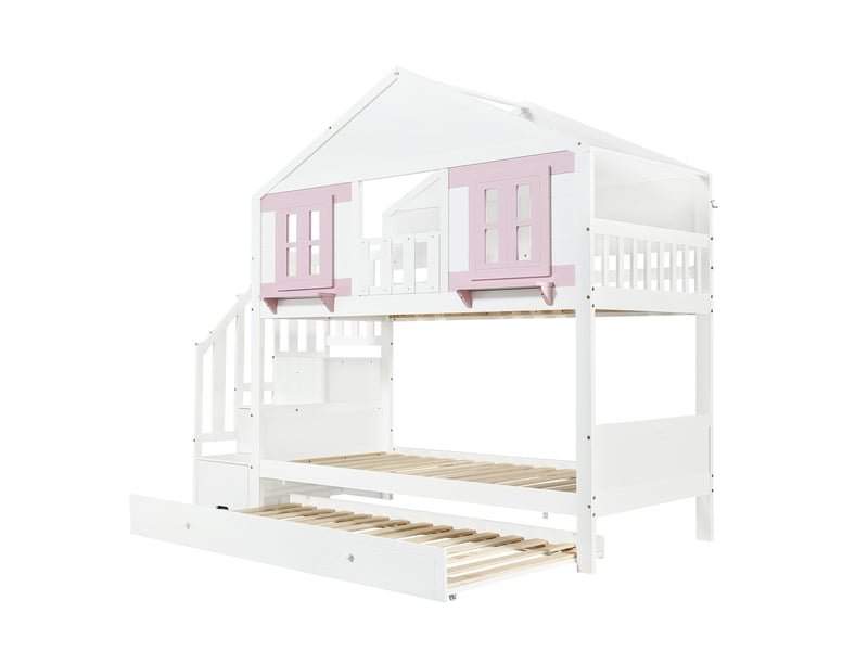 Lit superposé enfant maison avec lit gigogne, pinmdf blanc rose, 90x200cm, fenêtre, toit et sommier robuste - Conforama D